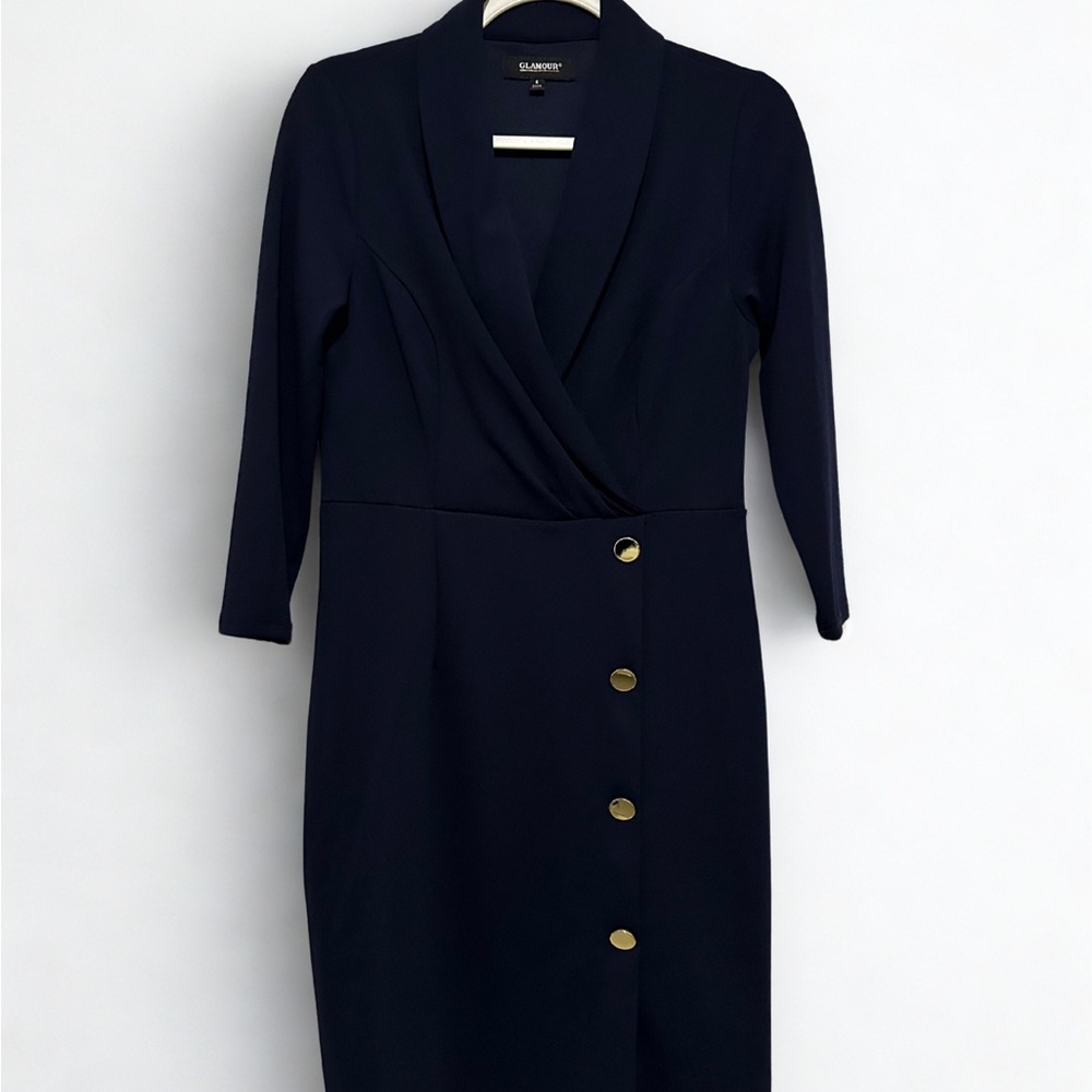 Glamour Blue Gold Buttoned Wrap Dress V-Neck